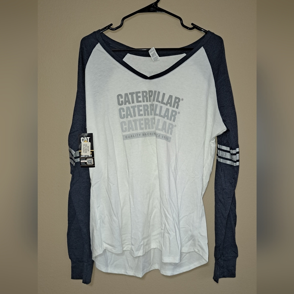 Caterpillar Women's White and Dark Blue Long Sleeve Tee